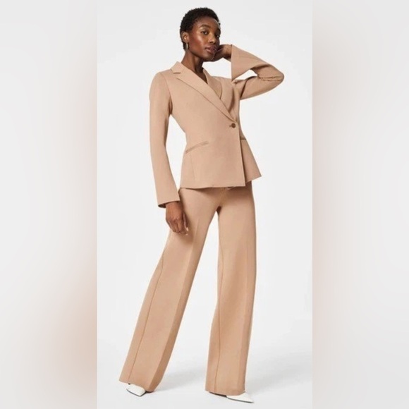 SPANX The Perfect Asymmetrical Tailored Blazer Ponte Toffee Tan Khaki Medium NWT - Picture 5 of 10